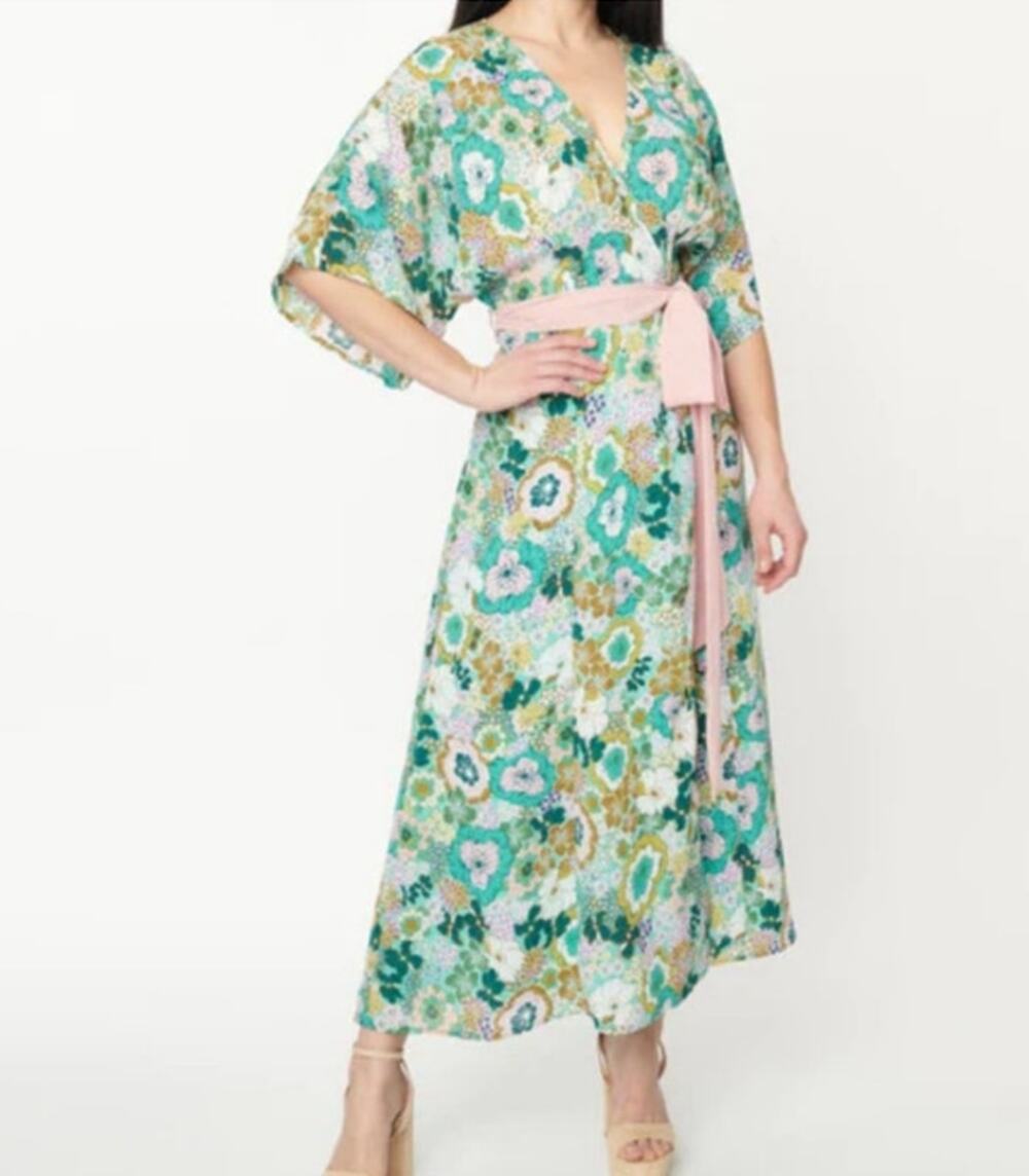 NWT Unique Vintage Mint Pink Floral Mod Maxi Wrap Dress Retro 60s 70s Size S/4